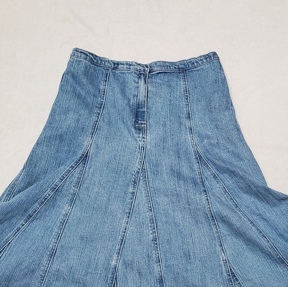 VINTAGE 1990s Light Wash Stone Wash High Rise Stretchy Midi Denim Panel Skirt M - Picture 9 of 11